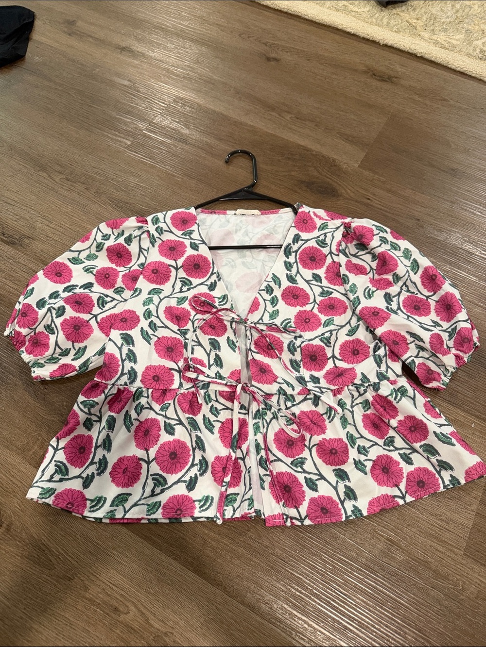 Tie-Front Floral Peplum Blouse - Pink/White